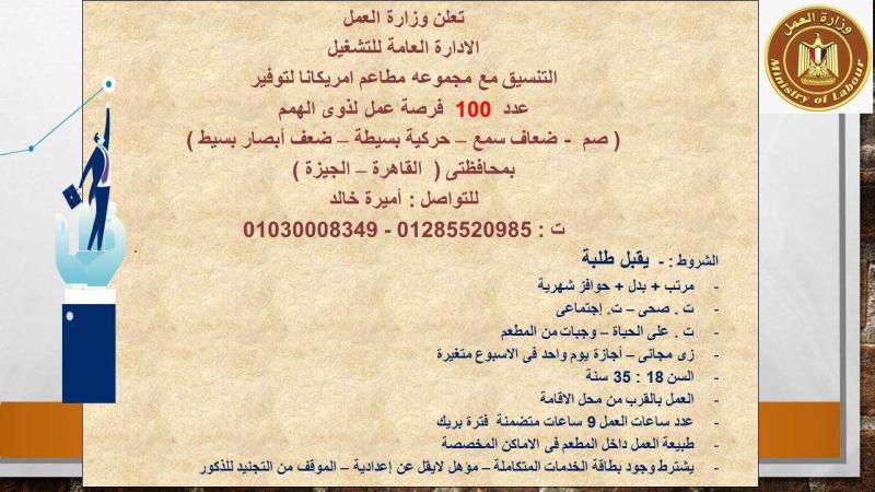 وزارة العمل: 100 فرصة عمل لذوى همم بمجموعة مطاعم بالقاهرة والجيزة
