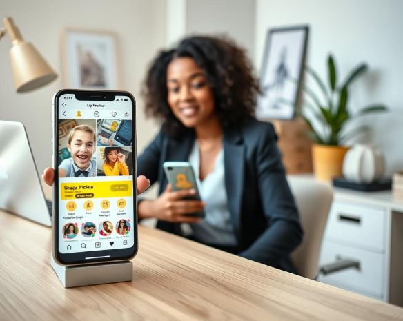 A professional and visually appealing scene illustrating the concept of creating an attractive Snapchat account. In the foreground, display a sleek smartphone showing the Snapchat interface with an eye-catching profile setup, featuring colorful visuals and engaging content suggestions. In the middle ground, depict a well-dressed individual, either a young woman or man, sitting at a stylish desk, focused on their phone, exuding confidence and creativity. The background should feature a modern workspace with subtle hints of technology, like a laptop and some charming decor, enhancing the professional atmosphere. Soft, natural lighting highlights the scene, creating a warm and inviting mood, while the camera angle is slightly above the desk, offering a clear view of the phone and the individual’s expression, conveying excitement for growing their online presence.