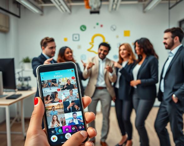 A visually engaging representation of the Snapchat Explore feature, focusing on how it works. The foreground features a smartphone displaying the Snapchat app, showcasing a vibrant, animated Explore page filled with colorful images and videos. In the middle, a diverse group of five individuals, dressed in professional business attire, discuss strategies for increasing their followers, pointing at the phone with expressions of excitement and concentration. The background presents a modern, tech-savvy workspace, adorned with social media icons and subtle tech elements, creating an atmosphere of innovation and collaboration. Use bright, natural lighting to convey a sense of positivity and opportunity, with a slightly tilted angle to add dynamism to the composition.